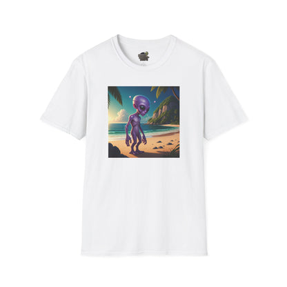 Alien at beach on a white unisex t-shirt graphic