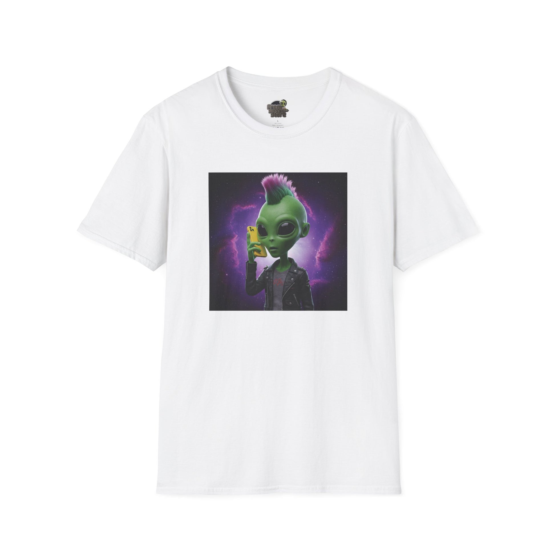 White Unisex alien punk t-shirt with mobile phone