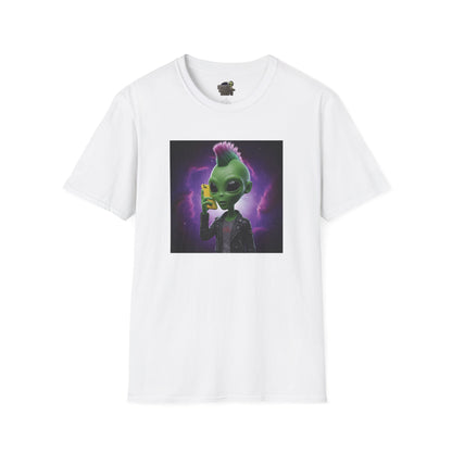White Unisex alien punk t-shirt with mobile phone