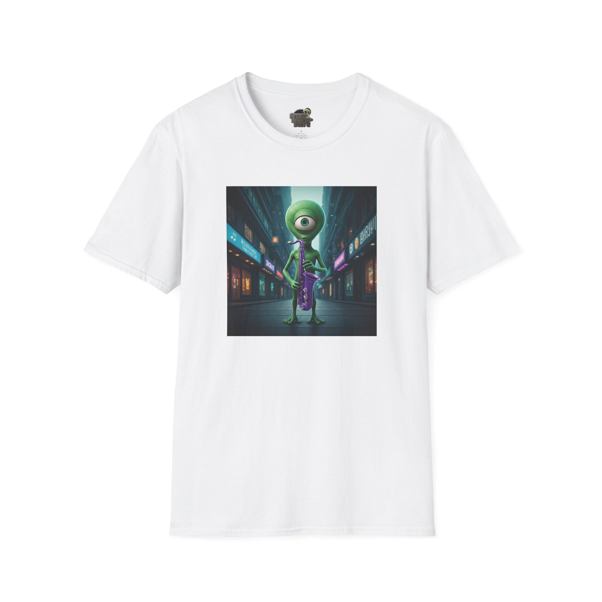 White Unisex t-shirt alien playing saxophone in city night