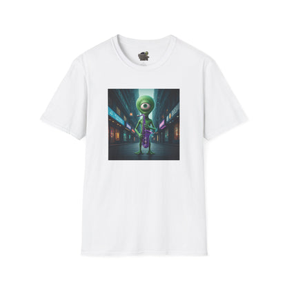 White Unisex t-shirt alien playing saxophone in city night