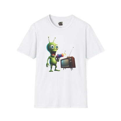 White Unisex alien zapping vintage TV t-shirt