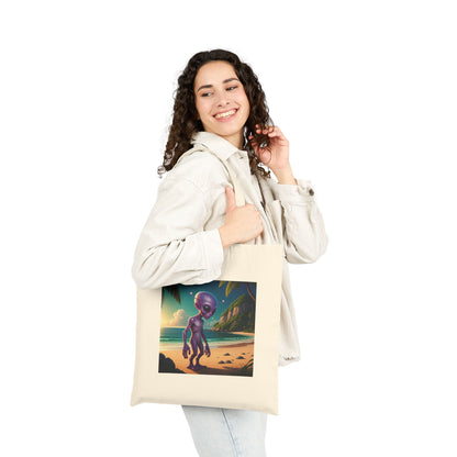 Alien at Beach Natural  Tote Bag with unique graphic of an alien walking on a Sunny beach, context woman fashion