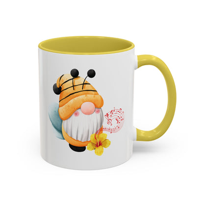 yellow mug with yellow c-handle with a cartoon bee gnome design 