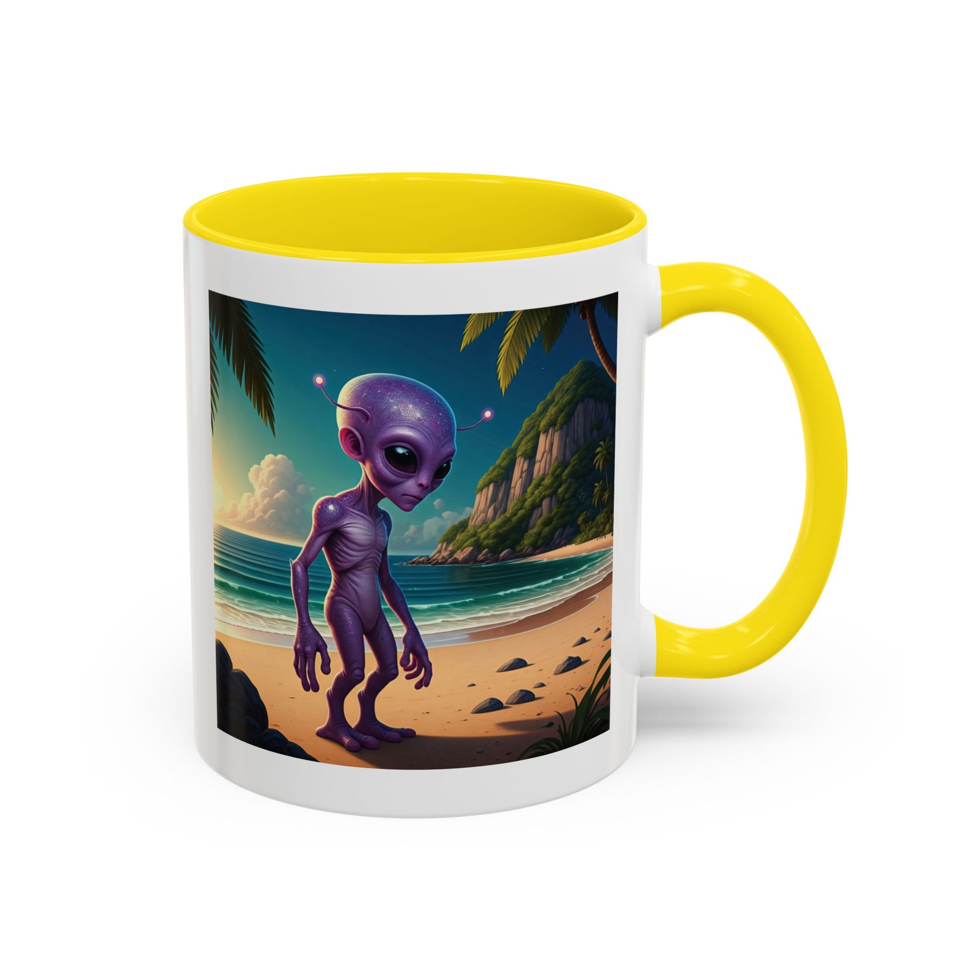 Alien enjoying the beach on a yellow  inside novelty mug