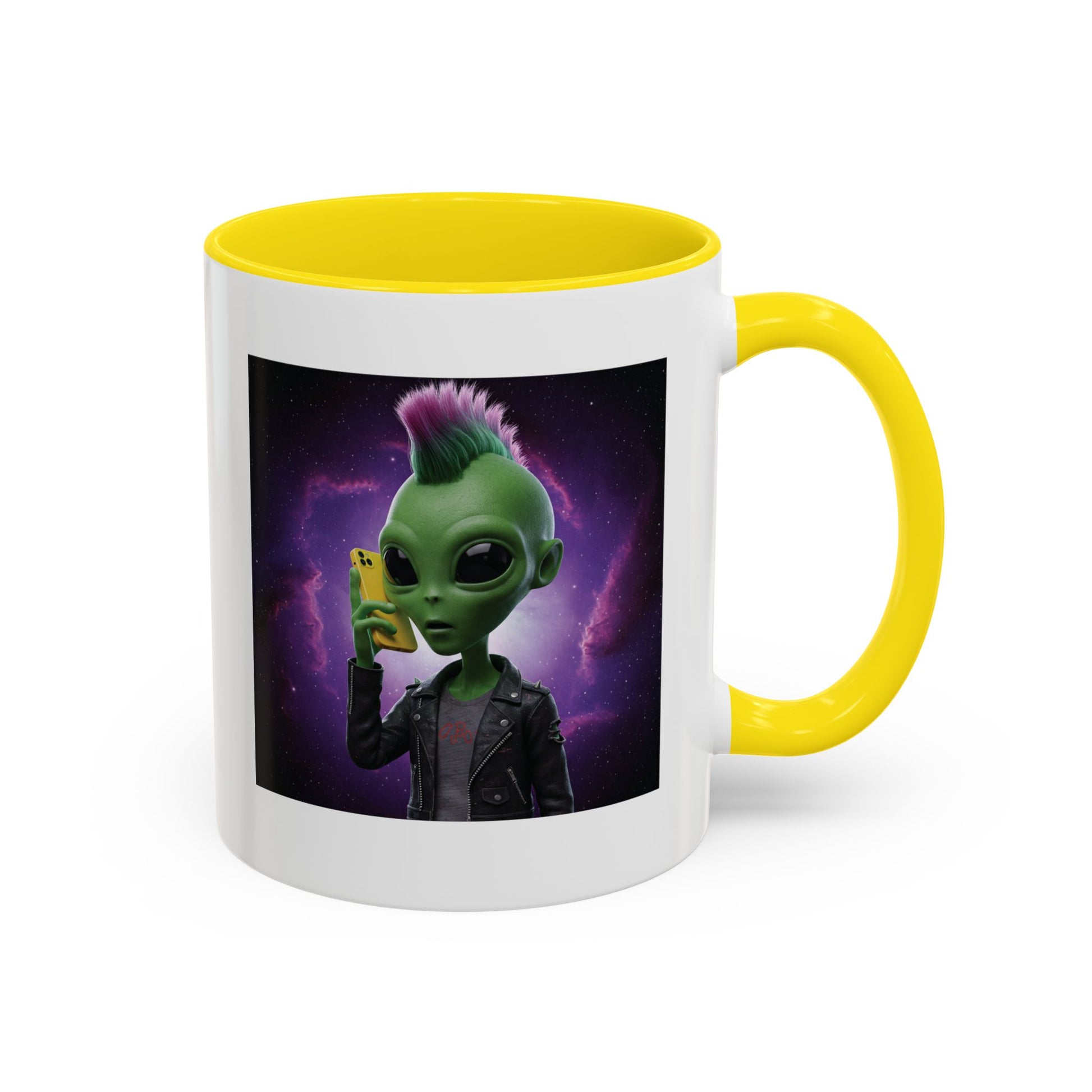 Alien punk with mobile phone yellow mug
