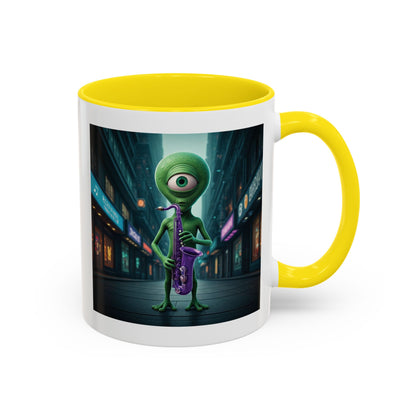 Alien sax player on a yellow mug